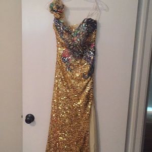 Stunning long gown with peacock image all beaded